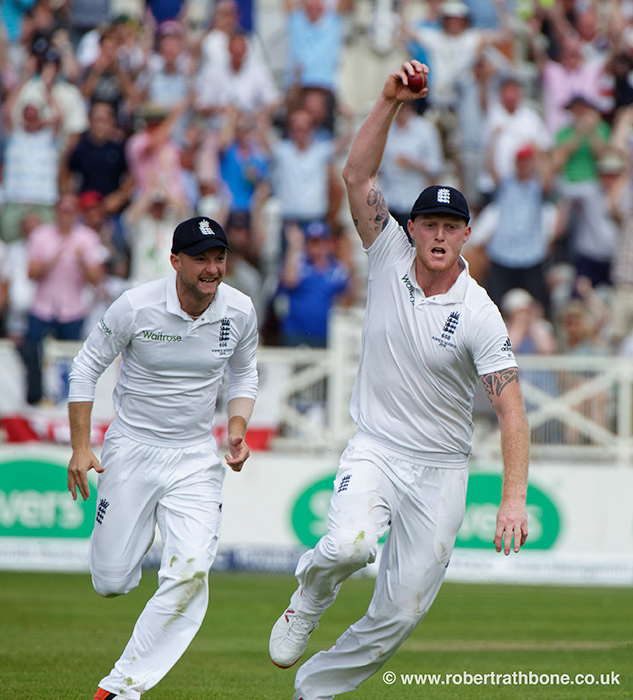 Ben Stokes celebrates a catch in the Ashes at Trent Bridge with Adam Lyth. Pic © Robert Rathbone, East Midland press photographer 